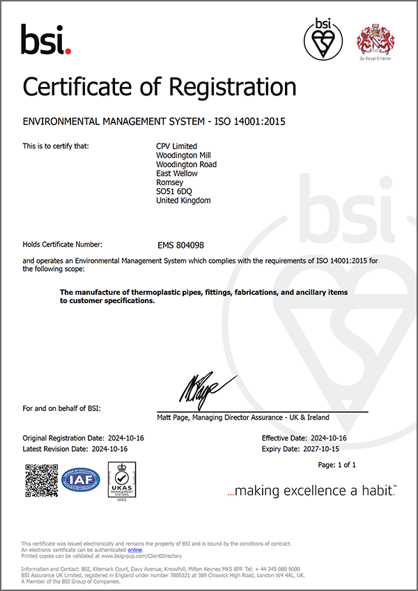 Environmental Management System certified to ISO 14001 standards